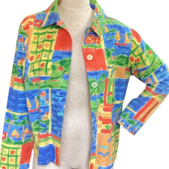 Coldwater Creek Cotton Jacket Sz M Watercolor Beach Print #27Q - Picture 3 of 9